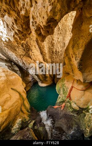 Oman, Wadi Shab, Wasserfall in der Höhle am Ende des Canyons Stockfoto