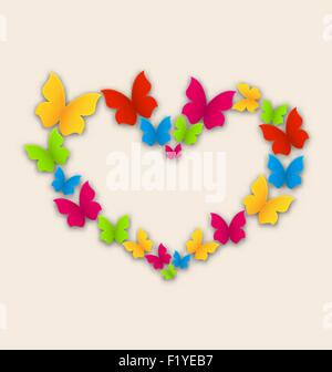 Feier-Postkarte mit Herz in bunte Schmetterlinge für Stock Vektor