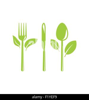 Gesunde Ernährung-Symbol mit Besteck und Blätter Stock Vektor