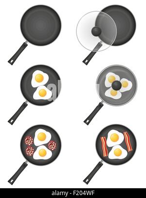 Legen Sie Symbole Spiegeleier in einer Pfanne-Vektor-Illustration isoliert auf weißem Hintergrund Stock Vektor