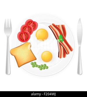 Spiegeleier mit Toast, Speck und Gemüse auf einem Teller Vektor-Illustration isoliert auf weißem Hintergrund Stock Vektor