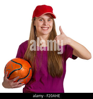 lächelndes Mädchen mit Ball auf dem weißen Hintergrund isoliert Stockfoto