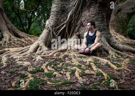 Junger Mann sitzt im Parkbaum Wurzeln, Sao Paulo, Brasilien Stockfoto