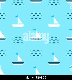 Nahtlose Muster mit Segelbooten auf blauem Hintergrund mit zarten Wellen Stock Vektor