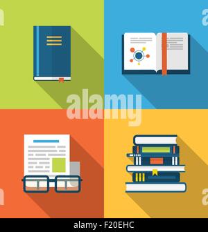 Flache Symbole Handbücher, Bücher entwerfen und veröffentlichen von Dokumenten, lon Stock Vektor