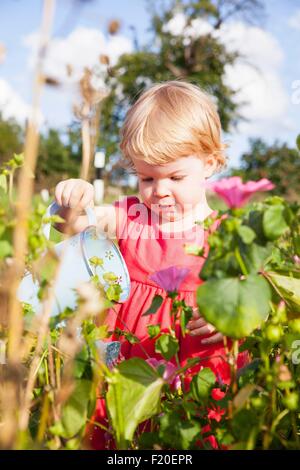 Weiblichen Kleinkind Bewässerung Blumen in der Blumenwiese Stockfoto