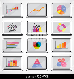 Geschäftsdaten Markt Elemente Punkt Bar Kreisdiagramme Diagramme. Graphen flache Symbole setzen auf Notebook. Stockfoto