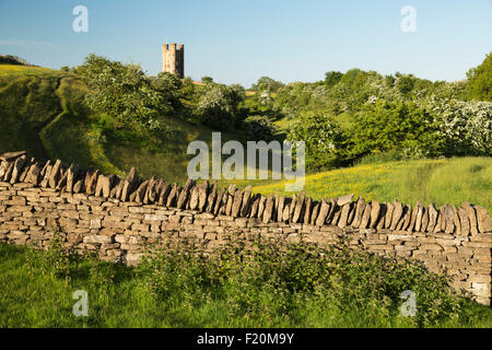 Broadway Tower mitten im Frühling blühenden Weißdorn Büsche und Ranunkeln, Broadway Cotswolds, Worcestershire, England, Vereinigtes Königreich, Europa Stockfoto