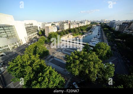 Frankreich, Paris, Marina De La Bastille, die Becken von Arsenal verbindet der Canal Saint Martin in der Seine zwischen der Plattform des Rapee und de la Bastille (Luftbild) Stockfoto