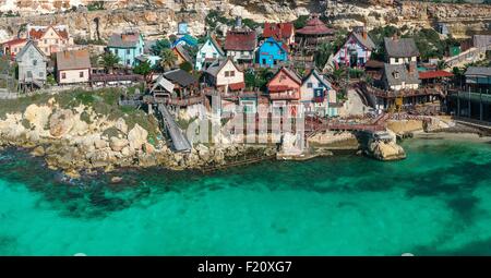 Popeye Village, Überblick über das Dorf Popeye verwendet, um einen Spielfilm zu schießen, Anchor Bay, Mellieha, Malta Stockfoto