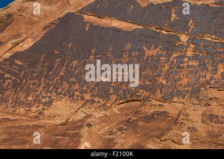 USA, Utah, Bluff, Butler Wash, Petroglyphen Stockfoto