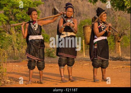 Myanmar (Burma), Kayah state, Kayah Stamm, Tani Lar Lae, Kayah Frauen namens Fledermaus-Frauen nach Hause aus den Bereichen Stockfoto