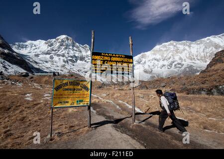 Nepal, Gandaki, Annapurna Region, Nepali Trekker erreichen das Annapurna Base Camp auf 4130m Höhe Stockfoto