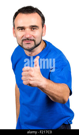 Positiven bärtiger Mann tragen blaues Hemd Daumen auftauchend auf weißem Hintergrund isoliert Stockfoto