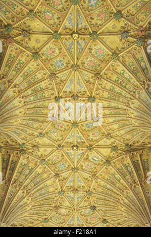 Die reich verzierten Gotischen Ventilator gewölbte Decke von Sherborne Abbey mit seinem farbenfrohen Designs und Symbole. Dorset, England, Vereinigtes Königreich. Stockfoto