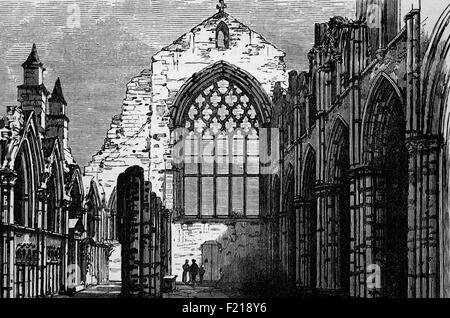 Eine 19th Jahrhundert Ansicht der Holyrood-Kapelle, gegründet 1128 von König David I., geplündert 1322 von Edward II, dann Richard II in 1305. Das Hotel liegt neben dem Palace of Holyroodhouse in Edinburgh, Schottland ein Sturm im Jahr 1768 verursacht das Dach einstürzen, so dass die Abtei, wie es derzeit steht. Stockfoto