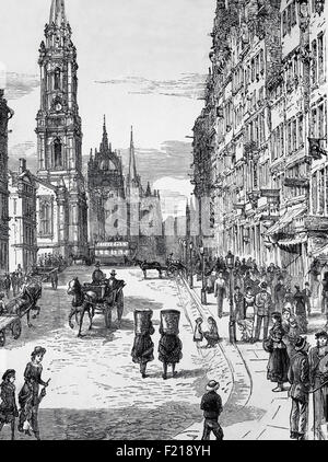 Eine 19th-Jahrhundert-Ansicht der High Street mit dem Tron Kirk, einer ehemaligen Hauptpfarrkirche in der Altstadt, dem ältesten Teil von Edinburgh, Schottland. Erbaut in High Street, Teil der Royal Mile im Jahr 1641 wurde es als Kirche im Jahr 1952 geschlossen, nachdem stand leer für mehr als fünfzig Jahre. Stockfoto