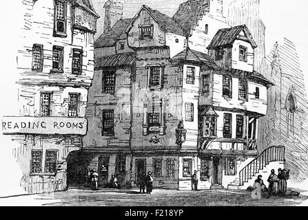 Das Haus von John Knox (1514 – 1572), in der High Street, Edinburgh, Schottland. KNOX war ein schottischer Minister, Theologe und Schriftsteller, war ein Führer der Reformation des Landes und Gründer der Presbyterianischen Kirche von Schottland. Das Haus selbst wurde ab 1490 erbaut und verfügt über eine schöne Holzgalerie und eine handbemalte Decke und ist im Besitz der Church of Scotland. Es wird jetzt als Teil des neuen, angrenzenden Scottish Storytelling Center verwaltet. Stockfoto