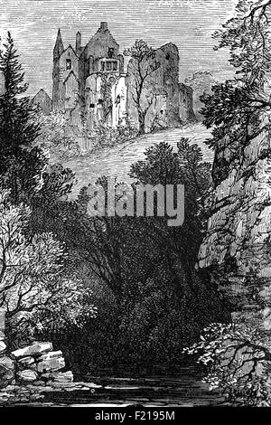 Eine 19th Jahrhundert Ansicht von Hawthornden Castle befindet sich am Fluss North Esk in Midlothian, Schottland. Die Burg, bestehend aus einer Ruine aus dem 15th. Jahrhundert, mit einem 17th. Jahrhundert angeschlossenem Haus, liegt direkt stromabwärts von der Burg Roslin. Das Schloss wurde zweimal vom Grafen von Hertford in 1544 und 1547 während der rauhen Wooing geplündert. Stockfoto