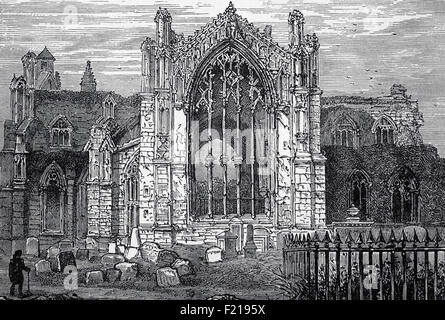 St Mary's Abbey, Melrose ist ein teilweise ruiniert Kloster der Zisterzienserorden in Melrose, Roxburghshire, in den schottischen Grenzen. Es wurde 1136 von Zisterziensermönchen auf Wunsch von König David I. von Schottland gegründet und war das Haupthaus dieser Ordnung im Land bis zur Reformation. 1544, als englische Armeen in Schottland wüteten, wurde die Abtei wieder schwer beschädigt und nie vollständig repariert, was zu ihrem Niedergang als funktionierendes Kloster führte. 1590 starb Melrose's letzter Mönch. Die Abtei wurde später von Oliver Cromwell Truppen während des englischen Bürgerkrieges bombardiert. Stockfoto