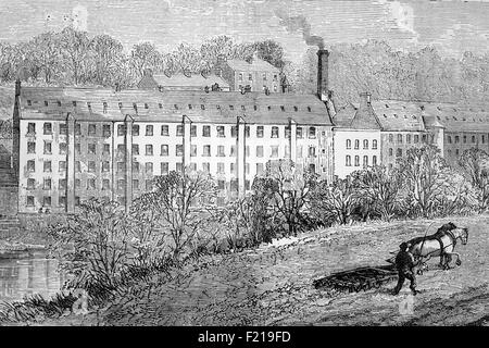 Blantyre Cotton Mill am Ufer des Flusses Clyde, wo der Forscher David Livingstone (1813-1873) Mutter und Vater waren unter den 2000 Menschen in den Cotton Mills etwa acht Meilen südöstlich von Glasgow, South Lanarkshire, Schottland beschäftigt. Livingstone (1813-1873) wurde ein schottischer Kongregationalist Pionier medizinische Missionar mit der London Missionary Society. Er wurde einer der berühmtesten europäischen Missionare und Entdecker, die Mitte 1800s das Innere Afrikas erschlossen haben. Stockfoto