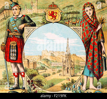 Eine 19th-Jahrhundert-Illustration von Highlander man und Lassie in Trachtenkostüm, Schottland und Edinburgh, Schottland. Der Mann hat einen Kilt, ein knielanges, nicht zweigezogenes kurzes Kleid mit Falten am Rücken, traditionelles Kleid von gälischen Männern und Jungen in den schottischen Highlands. Die lassie trägt einen Schal mit ähnlichem Muster. Stockfoto