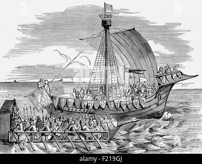 Ein englisches Kriegsschiff und Kombüse im 15. Jahrhundert. Stockfoto