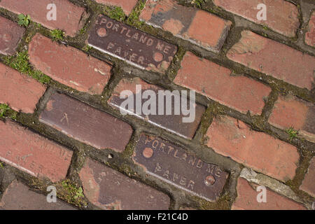 Straße Fertiger Ziegel hergestellt und installiert im 19. Jahrhundert in Portland, Maine. Stockfoto