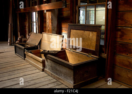 19. Jahrhunderts Schiff des Tischlers Truhen auf der Percy & kleine Werft. Maine Maritime Museum in Bath, Maine. Stockfoto