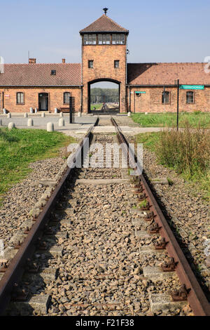 Polen, staatliches Museum Auschwitz-Birkenau, KZ Birkenau, Bahn verfolgt führenden zum Lager SS Wache Haupttor. Stockfoto