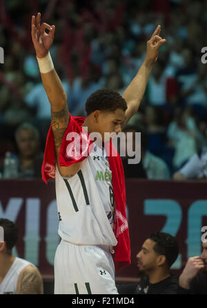 Mexico City, Mexiko. 9. Sep, 2015. Mexikos Juan Toscano reagiert während des Spiels des Jahres 2015 FIBA Amerika Meisterschaft gegen Argentinien, in Mexiko-Stadt, Hauptstadt von Mexiko, am 9. September 2015. Mexiko gewann 95-83. © Oscar Ramirez/Xinhua/Alamy Live-Nachrichten Stockfoto