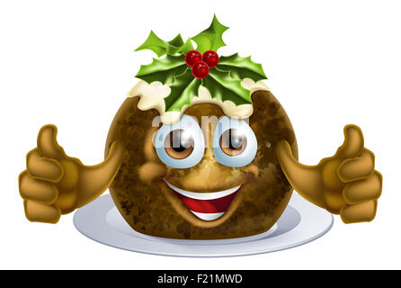 Ein Beispiel für einen Christmas Pudding Kuchen Maskottchen Mann mit Holly an der Spitze Stockfoto