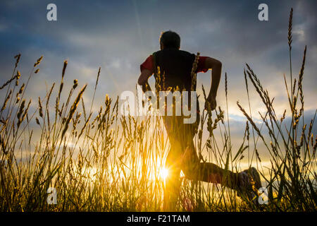 Cowpen Bewley Woodland Park, Billingham, UK. 10. September 2015. Wetter: Jogger bei Sonnenaufgang die Sonne verbrennt am frühen Morgennebel in der Nähe von Billingham, Nord-Ost-England. Bildnachweis: Alan Dawson News/Alamy Live-Nachrichten Stockfoto