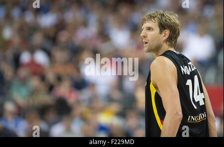 Berlin, Deutschland. 09. Sep 2015. Deutschlands Dirk Nowitzki reagiert während der FIBA EuroBasket 2015 Gruppe B Spiel Italien gegen Deutschland in Berlin, Deutschland, 9. September 2015. Foto: Lukas Schulze/Dpa/Alamy Live News Stockfoto