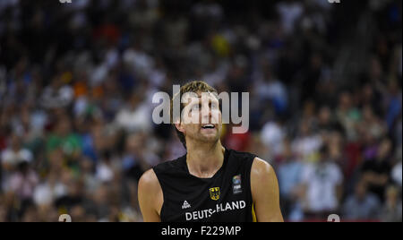 Berlin, Deutschland. 09. Sep 2015. Deutschlands Dirk Nowitzki reagiert während der FIBA EuroBasket 2015 Gruppe B Spiel Italien gegen Deutschland in Berlin, Deutschland, 9. September 2015. Foto: Rainer Jensen/Dpa/Alamy Live-Nachrichten Stockfoto