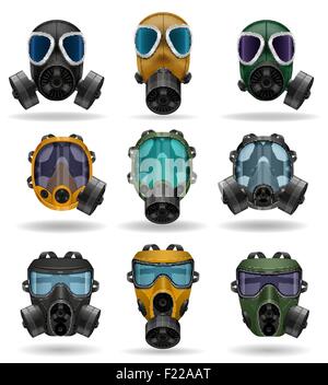 Stellen Sie Icons Gasmaske-Vektor-Illustration isoliert auf weißem Hintergrund Stock Vektor