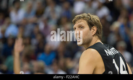 Berlin, Deutschland. 09. Sep 2015. Deutschlands Dirk Nowitzki reagiert während der FIBA EuroBasket 2015 Gruppe B Spiel Italien gegen Deutschland in Berlin, Deutschland, 9. September 2015. Foto: Lukas Schulze/Dpa/Alamy Live News Stockfoto