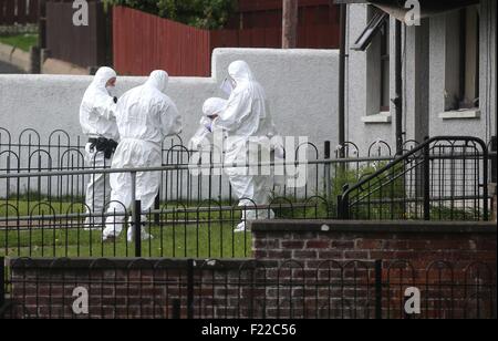 Ahoghill, Co. Antrim, Nordirland. 10. September 2015. Polizei und Forensik an der Szene eines doppelten Rohrbombe Angriffs in Brookefield Gärten, Ahoghill. Zwei Geräte explodierte über Nacht schädigende Eigenschaft. Einwohner aus der Gegend wurden evakuiert. untersucht den Vorfall weiter. PIC Steven McAuley/McAuley Multimedia/Alamy Live News Stockfoto