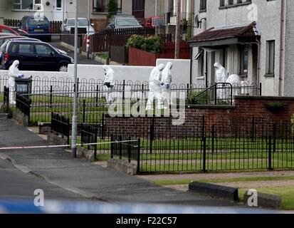 Ahoghill, Co. Antrim, Nordirland. 10. September 2015. Polizei und Forensik an der Szene eines doppelten Rohrbombe Angriffs in Brookefield Gärten, Ahoghill. Zwei Geräte explodierte über Nacht schädigende Eigenschaft. Einwohner aus der Gegend wurden evakuiert. untersucht den Vorfall weiter. PIC Steven McAuley/McAuley Multimedia/Alamy Live News Stockfoto