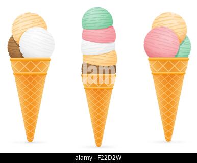 Eis-Kugeln in Waffelhörnchen Vektor-Illustration isoliert auf weißem Hintergrund Stock Vektor