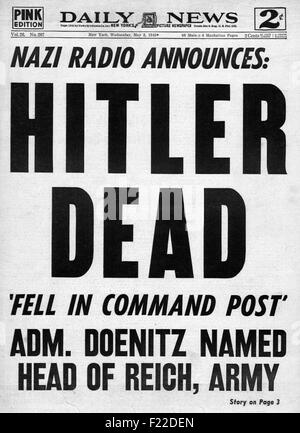 1945 daily News (New York) Titelseite der Tod von Adolf Hitler Stockfoto