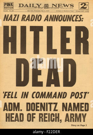 1945 daily News (New York) Titelseite der Tod von Adolf Hitler Stockfoto