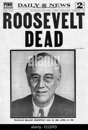 1945 daily News (New York) Titelseite berichtet den Tod des Präsidenten Roosevelt Stockfoto