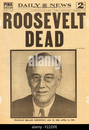 1945 daily News (New York) Titelseite berichtet den Tod des Präsidenten Roosevelt Stockfoto