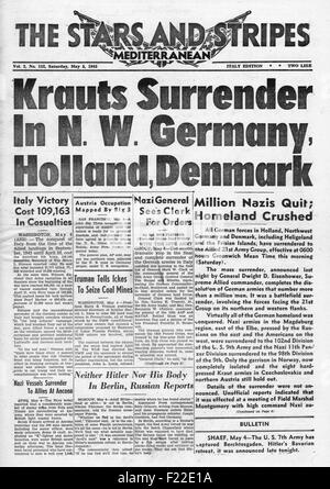 1945 Stars And Stripes (US militärische Zeitung) Titelseite Berichterstattung der deutschen Armee kapituliert in NW-Deutschland, Dänemark und Holland Stockfoto