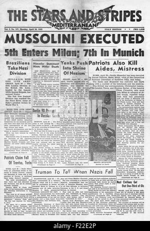 1945 Stars And Stripes Titelseite Berichterstattung der Ausführung von Benito Mussolini Stockfoto