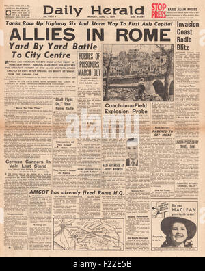 1944 daily Herald Titelseite Alliierten Berichterstattung geben Sie Rom Stockfoto