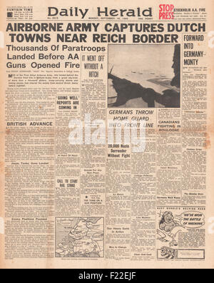 1944 daily Herald Titelseite Berichterstellung alliierter Fallschirmjäger Land in Holland Stockfoto