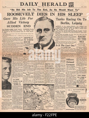 1945 daily Herald Front Seite Berichterstattung Tod von US Präsident Franklin d. Roosevelt Stockfoto