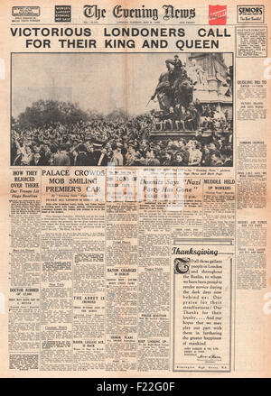 1945-Abend-Nachrichten (London) Titelseite Berichtstag VE Stockfoto